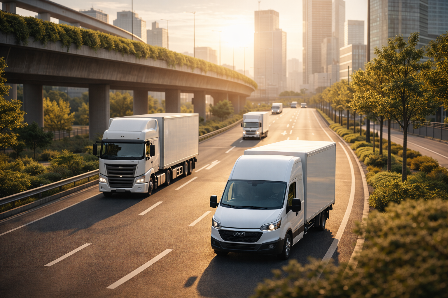 Golden-hour green city transport scene