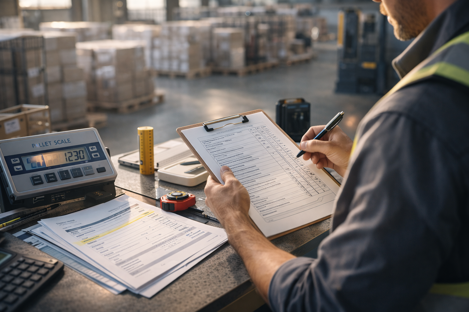 Logistics manager reviewing documents in warehouse