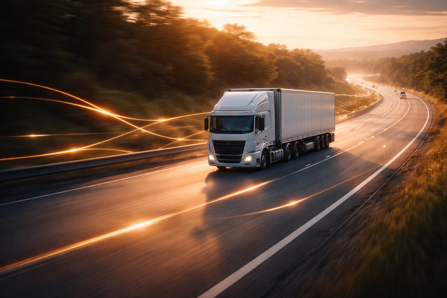 Golden hour journey of a semi-truck