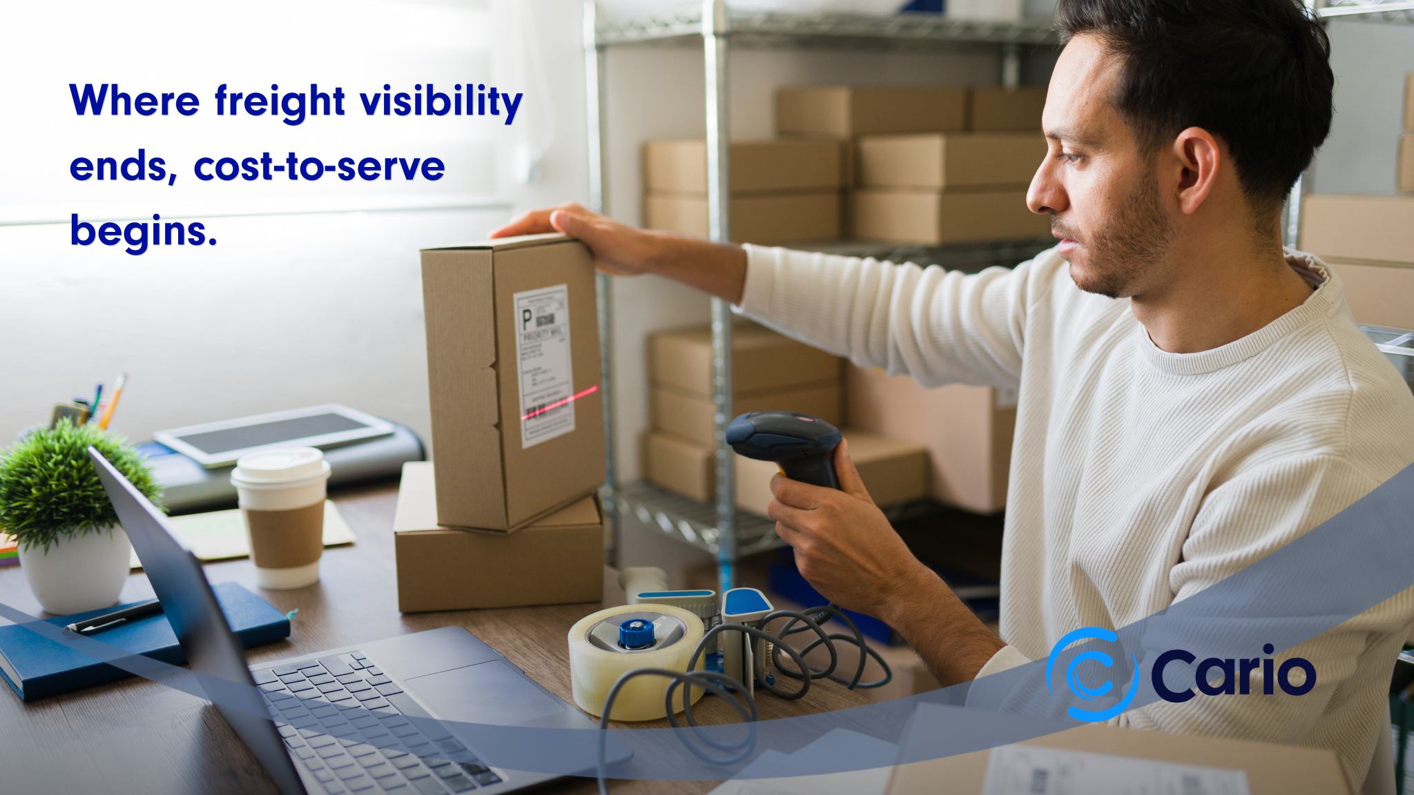 Freight visibility and cost-to-serve concept – warehouse worker scanning parcel