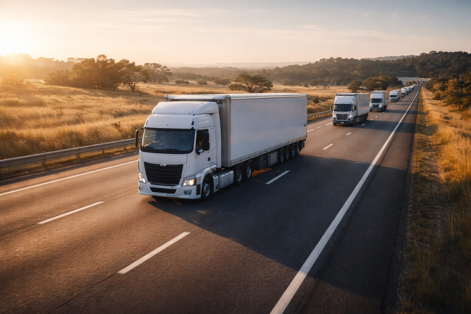 Trucks on an Australian highway at sunrise